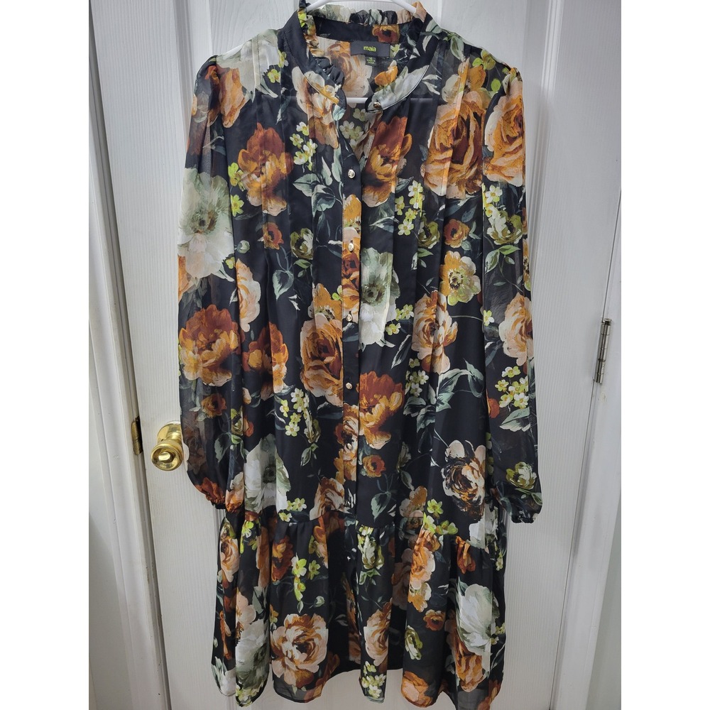 Maia Floral Chiffon Shirt Dress Black Orange Rose Tiered Hem with Slip Size 16